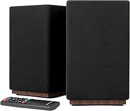 Roxel Infinity Active Bookshelf Speakers, 60W HiFi Stereo Sound, Wireless BT 5.3, HDMI ARC, USB, Optical, Adjustable Bass/Treble, Elegant Fabric Design, Black/Walnut Finish, 3 Metre Speaker Cable