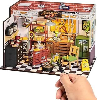 ROBOTIME DIY Miniature House Kit Garage Workshop with Light, Wooden Dollhouse Model Building Kit for Adults and Children, Holiday Birthday Gifts for Boys Girls