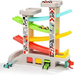 Wooden Car Ramp Toys for 1 2 3 Year Old Boy Gifts Birthday Presents Toddler Race Track Toy with 4 Cars and 3 Car Garages