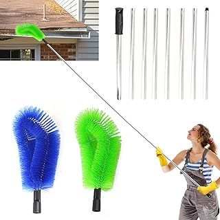 Telescopic Gutter Cleaning Tools - 317CM 8 Pole Extendable Gutter Cleaning Brush, 10.4Ft Roof Gutter Cleaner Equipment, 2 Brish Head Cleaning Leaves Debris Window Gutter Spider Web