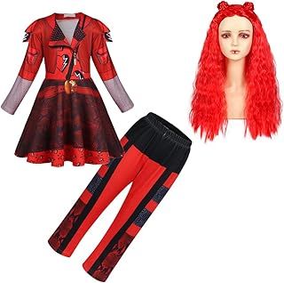Berich Red Descendants Dress up Set Mal Descendants Costume with Wig Kids Descendants Party Outfit World Book Day Costumes for Girls