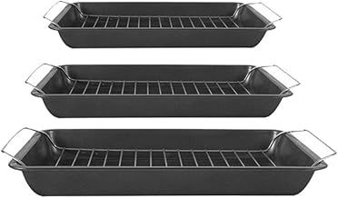 Roasting Tray with Rack Carbon Steel with a Non Stick Coating - baking trays for oven - Handles Cooking Set - Oven Dish - Bakeware - Non Stick Baking - Pack of 3