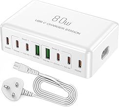 40W Multi Charger UK Plug Charging Station 5V 8A Multi Port USB Charger Hub with Display USB Power Supply for iPhone 15/14/13/12/11 Pro Max iPad Android Phone and Multiple Devices