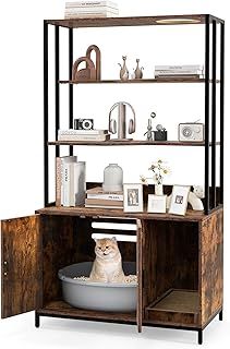 COSTWAY Cat Litter Box Enclosure, Hidden Cats Washroom Furniture with 3-tier Storage Shelves, Scratching Pad, Wooden Cat House Bookshelf (Rustic Brown)