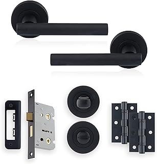 XFORT Matt Black Liberty Lever On Rose Bathroom Pack, Complete Set with T-Bar Handles, 65mm Privacy Lock, 75mm Ball Bearing Hinges and Thumb Turn & Release Set, for Internal Bathroom Doors