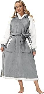 Oversized Wearable Blanket Hoodie, Long Sherpa Fleece Blanket Sweatshirt as Gifts for Women Men, with Warm Big Hood and Giant Pocket, Side Split and Belt