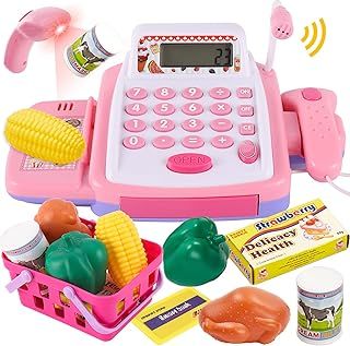 Child Toy Till Cash Register for Kids, Shopping Till Role Play Food Money Imaginative Play Toys with Real Calculator Microphone Gifts for Girls Boys
