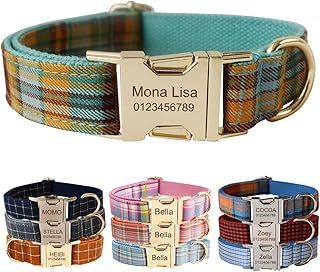 Personalised Dog Collar With Metal Buckle, Customized Pet Collars with Name Phone Number Address Engraved, Plaid