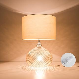 Glass Table Lamp with Twin On/Off Switches, UK/EU Plug, Amber Base Finish, Fabric Shade Taupe Finish, Suitable for LED Upgrade, Ideal for Living Room, Bedroom, Hallway, Hotel and B&B