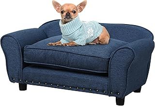 Pawhut Linen Pet Sofa Couch Dog Bed Cat Kitten Mat Wood Frame Metal Studding Removable Cushion Blue 74 x 41 x 32.5 cm