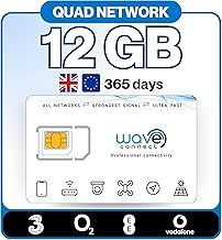 UK Quad Network Data Only SIM, 12GB/12 Months, EE, O2, Vodafone, Three 4G LTE + 5G Prepaid, Activates On First Use, Includes European Coverage, For Unlocked IoT Devices, Security Cameras