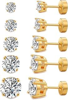 Kainier 5 Pairs CZ Stud Earrings Set 316L Stainless Steel Earrings Cubic Zirconia Ear Stud for Women Simulated Diamond Hypoallergenic 3-7mm