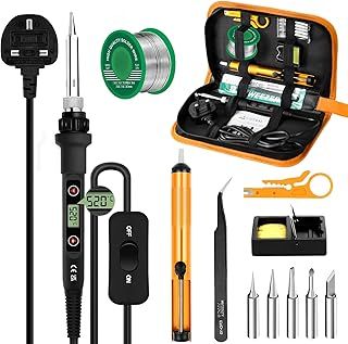 Soldering Iron Kit 80W LCD Adjustable Temperature 180-520°C, 13 in 1 Electric Soldering Iron Kit Welding Tool, Solder Wire, 5 Soldering Tips, Desoldering Pump, Wire Stripper Cutter, Stand, Tweezer