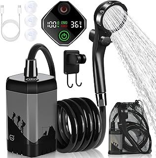 MIAOKE Upgrade Portable Camping Shower, 7800mAh Outdoor Electric Shower Rechargeable Pump with Intelligent Digital Display Temperature Display Shower Head for Camping, Hiking, Traveling