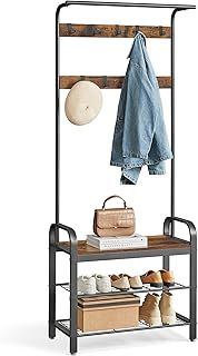 VASAGLE Coat Rack, Coat Stand with Shoe Storage Bench, 4-in-1 Design, with 9 Removable Hooks, a Clothes Rail, for Hallway, Entrance, 33.7 x 72 x 183 cm, Industrial, Rustic Brown and Black HSR40B.