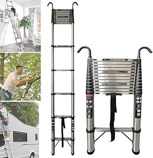 Telescopic Ladder 5M/16.4FT Multi-Purpose Folding with Detachable Hooks, Stainless Steel Ladders 12 Adjustable Steps Extension Ladder, Extendable Resistant Foldable Ladder with EN131, Max Load 150kg