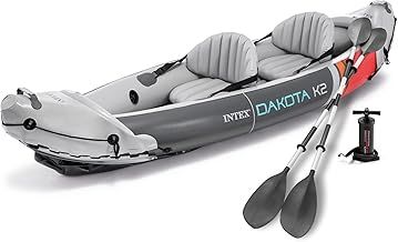 Intex Dakota K2 2-Person Heavy-Duty Vinyl Inflatable Kayak, Infalatbale Boat Holds 2 people up to 400 pounds, with 86-Inch Oars Air Pump and Carry Bag, Gray & Red 68310VM
