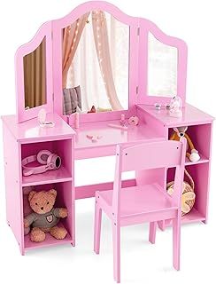 GYMAX Kids Dressing Table and Chair Set, 2 in 1 Children Vanity Table with Tri-Folding Mirror and Storage Shelf, Wooden Girls Make-up Dresser for Bedroom