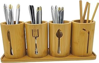 AYAMAX Bamboo Cutlery Holder Set - 4 kitchen Utensils Holder Cutlery Organiser with Bamboo Tray | Decorative kitchen countertop Cutlery Stand | Utensil Organiser Cutlery Racks utensil holder