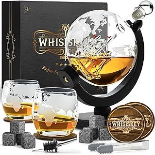 Whisiskey - Whiskey Decanter Set - 900ML Globe Carafe - Whiskey Gift Sets for Men - Whisky Set - Glass Gifts for Men - Inc. 2 Whiskey Glasses, 8 Whiskey Stones, Accessories