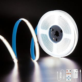 PAUTIX COB LED Strip Daylight White 6000K, 5M 480LEDs/M 24V CRI93 Dimmable Bright COB Light Strip Kit with 13 Keys RF Remote and 24V Power Supply COB LED Lights for Bedroom Kitchen Home DIY Projects