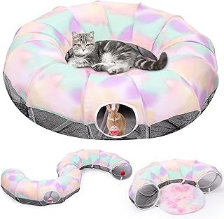 Pawaboo Cat Tunnel Bed, Cat Tunnels with Splicing Cat Donut Tube and Central Mat, Interactive Cat Cave Hideout Foldable Indoor Kitty Toys with Bell Ball, Great for Kitten Rabbit Small Medium Cats