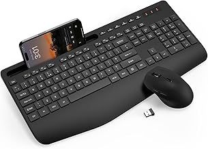 Wireless Keyboard and Mouse Combo, Full-Size Ergonomic Keyboard with Wrist Rest, Phone Holder, Sleep Mode, Silent 2.4GHz Cordless Set for Computer, Laptop, PC, Mac, Windows (Black)