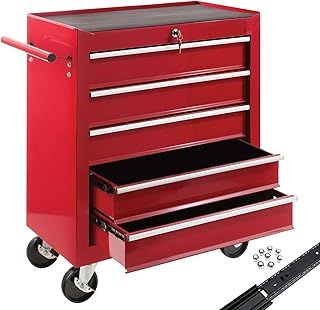 Arebos Workshop trolley 5 compartments | Tool Cabinet on Wheels | with 5 Drawers | Lockable| incl. anti-slip mats | 2 castors with parking brake (red)