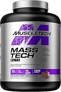 MuscleTech MassTech Elite Protein Powder, Weight & Muscle Mass Gainer, Whey Isolate Mass Protein Powder With 3g Creatine, 80g Protein, 18g BCAA, 14 Servings, 3.2kg, Chocolate Fudge Cake