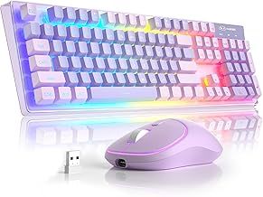 MageGee V550 Wireless Gaming Keyboard and Mouse, 2.4G Full-Sized RGB LED Computer Keyboard with Transparent Shell, Rechargeable Quiet Cordless Mouse & Keyboard Combo for Laptop/PC/Desktop (Purple)