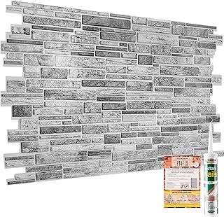 Natural Stone Effect 3D Wall Panels - 4 Sheets Covering 19.84 sqft (1.84 sqm) Decorative PVC Plastic Cladding Panel Size 37.79 x 18.89 in (96x48 cm) – Grey Natural Stone Brickwork Pattern
