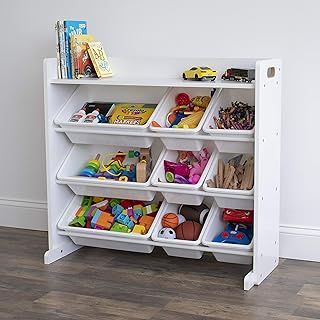 Humble Crew Cambridge Large Wooden Toy Shelf Storage Organiser for Children, with 9 BPA Free Plastic Removeable Storage Bins, Ideal for Storing Toys, Games, Books and Craft Supplies - White