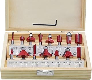 1/4 inch Router Bit Set, 15pcs 6.35mm Shank Tungsten Carbide Tipped Router Bit Set with Wooden Box, Double Flute Wood Milling Saw Cutter, for Handwork and DIY