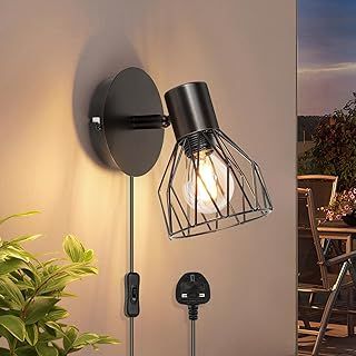 Kimjo Plug in Wall Lights for Bedroom - Wall Light Plug in Wall Lamp with Switch and Cable - Wall Lighting Fixtures 350° Rotatable Wall Sconce Lights E14 - Black Wall Light for Living Room No Bulb