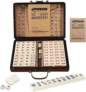 WDKXCN Mini Chinese Majong Set, 144PCS Mahjong Tiles Game, White Engraved Majong Free Games, Portable Mahjong Set Full Size with 2 Dice & Leather Carrying Case Box for Travel, Family Gathering, Party