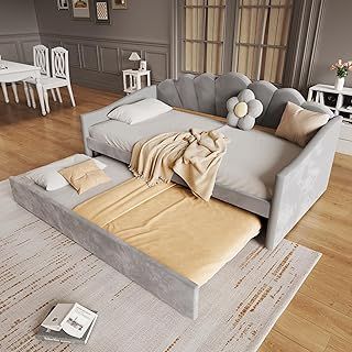 Jtyca Day Bed, Upholstered Single Sofa Bed with Trundle Bed, Velvet Sofa Bed with Pull Out Bed, Daybed for Adults & Teenagers, 3FT-90x190 CM, Grey, (No Mattress)