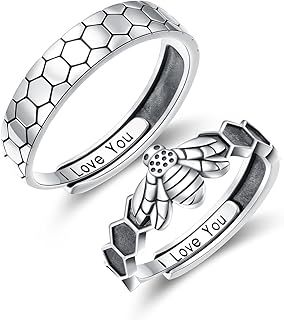 Flyow Bee Honeycomb Couple Rings Set, 925 Sterling Silver Cute Animals Bee Honeycomb Matching Ring for Couples Engraved I Love You, Adjustable Engagement Wedding Promise Ring for Him and Her