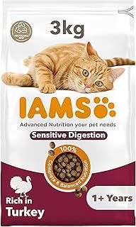 IAMS Sensitive Digestion Complete Dry Cat Food Turkey 3kg - With Prebiotics