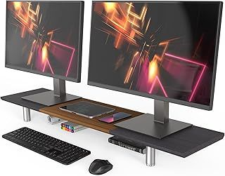 Fenge Large Monitor Riser 100cm Dual Monitor Stand With Height Adjustable Leg, Wood Desktop for PC/Laptop/TV/Printer, Office Desk Accessories, Brown+Black