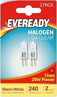 2 x Eveready G4 20W 12V Halogen Capsule Light Bulbs, Dimmable Lamps, 240 Lumen, 2000 Hours Life, Clear Finish