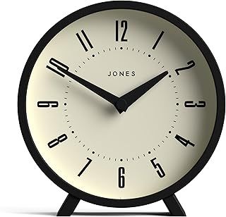 Jones Clocks® Venus desk clock | Modern round design | Black | Stylish retro look for shelf, table, mantel or bedside