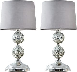 MiniSun | Modern Chrome and Mosaic Glass Table Lamps with Grey Shades | Table Lamps, Home Décor & Improvement Essential | Set of 2