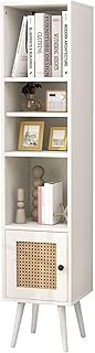 137CM Tall Narrow Bookcase, Wooden Freestanding Bookshelf with 12-Position Adjustable Shelf & Cabinet, Slim Corner Display Storage Shelving Units for Living Room Bedroom Office (White)