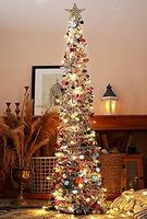 HMASYO 5 FT Pop Up Christmas Tree with Timer Lights, Tinsel Christmas Tree, Collapsible Artificial Pencil Tree Xmas Decoration for Indoor Home Apartment Porch Party, Easy Assembly