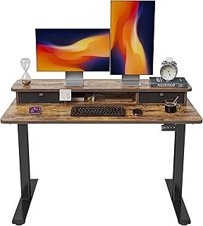 FEZIBO Height Adjustable Electric Standing Desk with Double Drawer, 120 * 60cm Stand Up Table with Storage Shelf, Sit Stand Desk with Splice Board, Black Frame/Rustic Brown Top