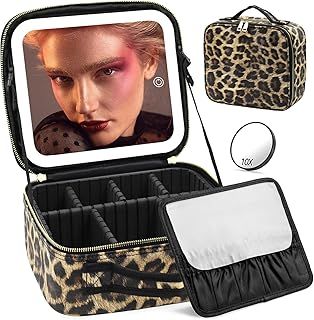 Makeup Bag with Light Up Mirror, Lighted Travel Makeup Bag Organizer, Makeup Bag with Mirror and Light 3 Colors Adjustable Brightness, Travel Makeup Train Case Portable Cosmetic Bag for Women(Leopard)