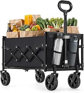 SONGMICS Garden Trolley, Foldable Camping Trolley, Pull Wagon, Compact, with Handle, with 4 Reinforced Wheels, 2 Universal Wheels, Loads Up to 150 kg, Outdoor, Yard, Ink Black GFW909B01