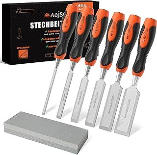 Wood Chisel Set, 6-Piece Woodworking Carving Chisels (6mm, 12mm,19mm, 25mm, 32mm, 38mm), Sharp Bevel Edge Chisels with Sharpening Stone, Perfect for Woodworking, Wood Carving and Sculpting