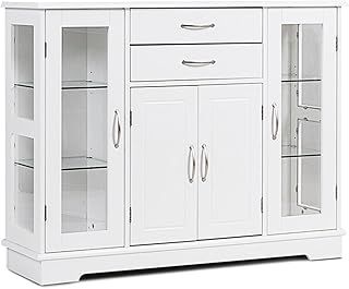 Storage Cabinet, Sideboard with 2 Glass Doors, 2 Drawers & Adjustable Shelves, Wooden Buffet Cupboard for Kitchen, Dining Room and Living Room (White)