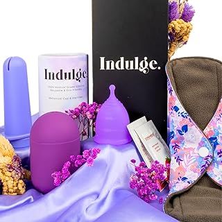 Indulge 5 PCS Reusable Menstrual Cup Set – Silicone Period Cup, Microwave Steriliser, Water Based Lube, Panty Liners, Eco-Friendly Alternative to Tampons & Sanitary Towels, Small, Pack of 1, Purple